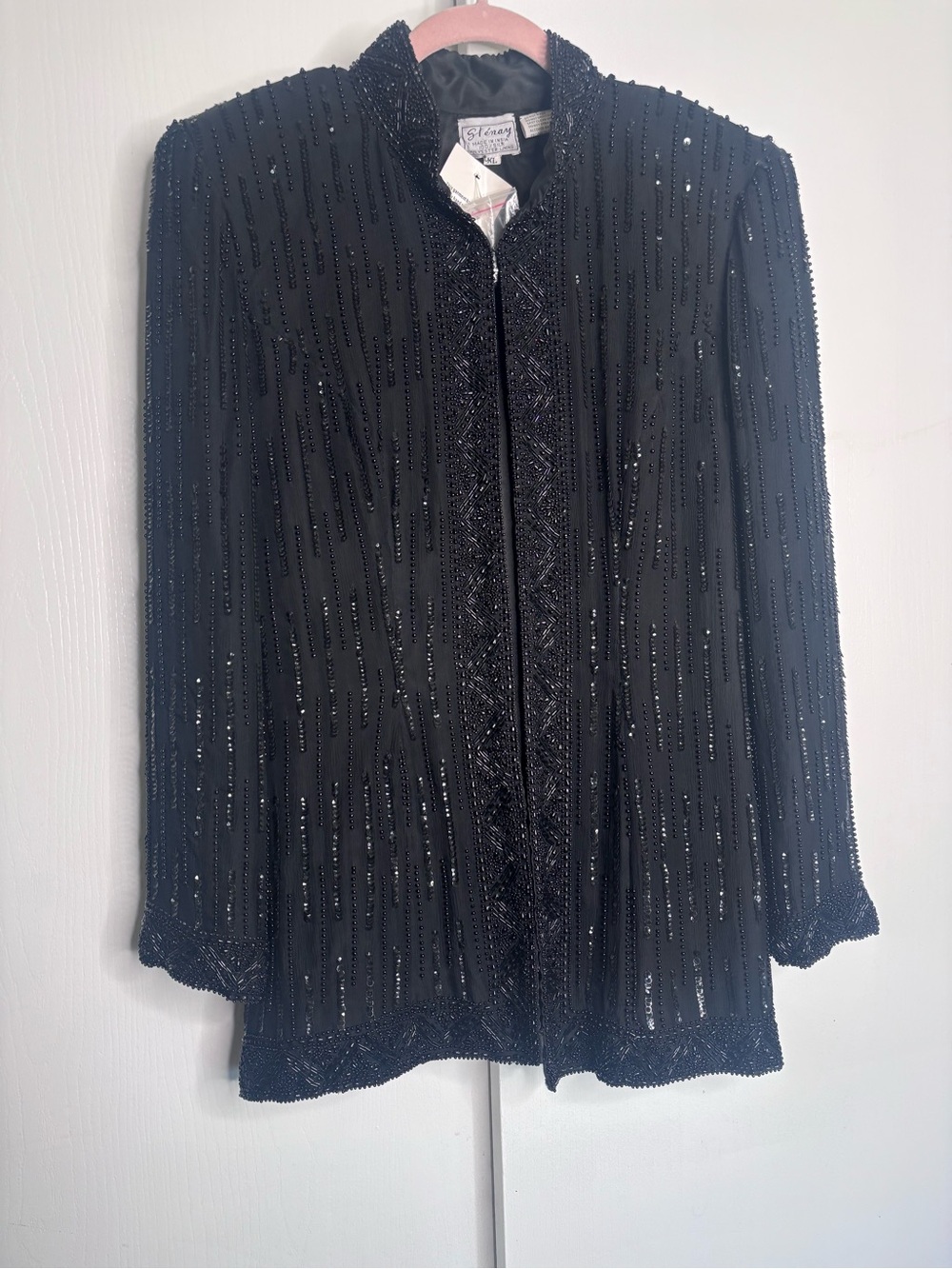 Vintage Sténay Black Silk Beaded Sequined Evening Jacket Coat Open Front Plus XL